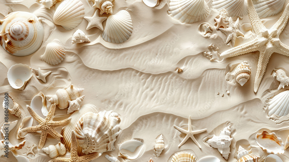 Shells on beach sand with starfish and seashells, summer vacation vibes Shells on beach sand with starfish and seashells, summer vacation vibes