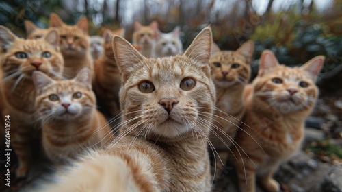 A charming group photo of ginger cats posing together in a natural setting, each with unique expressions, showcasing their fur patterns and the scenic outdoor environment. photo