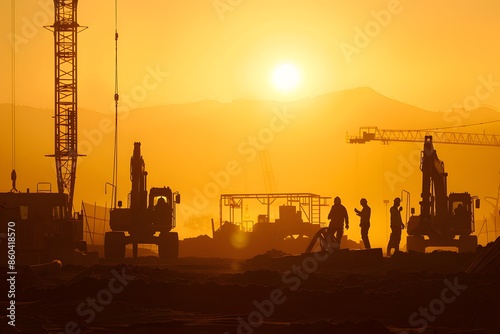 Silhouettes of Construction Workers at Sunset