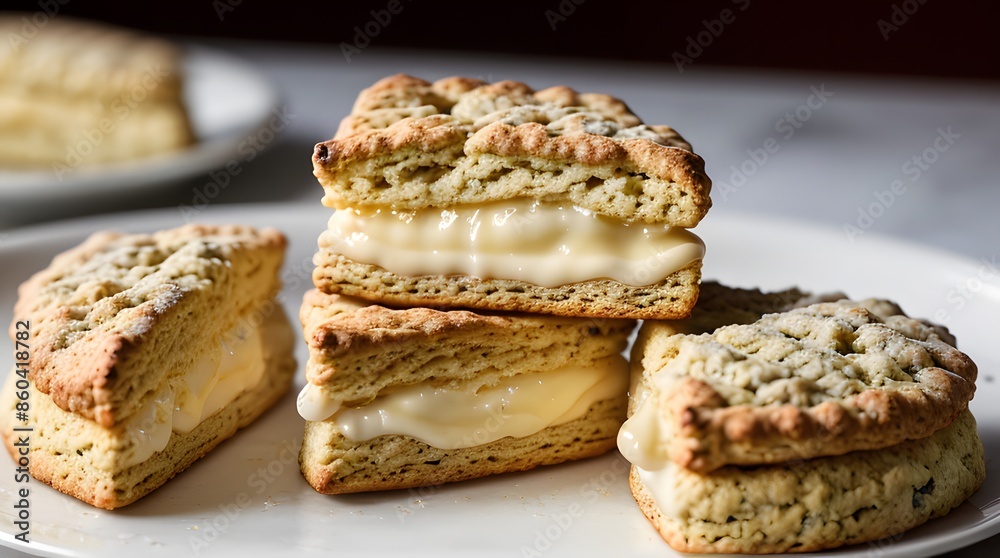 A close-up of freshly baked scones dusted with powdered sugar, presented on an elegant porcelain plate A close-up of freshly baked scones dusted with powdered sugar, presented on an elegant porcelain plate