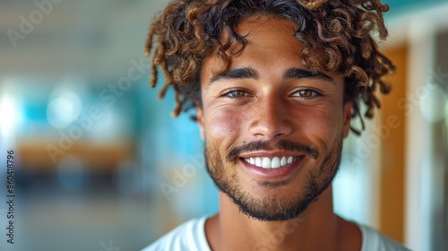 Young man with curly hair smiling in a gym. The background is vibrant and lively featuring gym equipment, representing the energy and positivity of a healthy lifestyle. photo