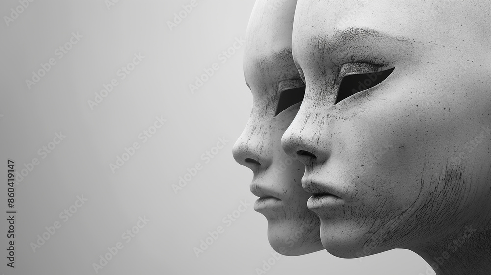 Masked faces placed side by side with eyes and blank expressions Masked faces placed side by side with eyes and blank expressions