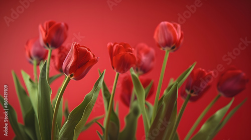 Beautiful red tulips against a red background making it perfect for the Spring and Easter season The soft pastel colors and delicate blooms evoke feelings of renewal and joy : Generative AI