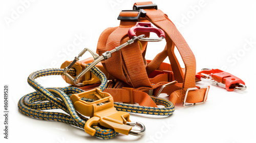 Fall Protection Equipment: Equipment such as harnesses and lanyards for preventing falls from heights isolated on white background photo