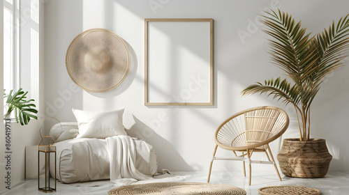 Frame Mockup in Vintage Farmhouse: A farmhouse-style living room with a distressed wooden frame holding an ISO A2 poster. Rustic furniture and vintage decor elements fill the space.