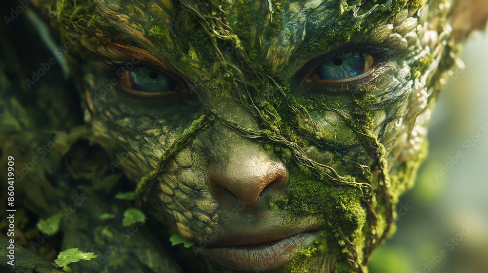 Close-up of a mysterious tree-like creature with mossy skin and pointed ears. The creature's face is filled with wisdom and ancient knowledge. Its appearance is mysterious and surreal. Close-up of a mysterious tree-like creature with mossy skin and pointed ears. The creature's face is filled with wisdom and ancient knowledge. Its appearance is mysterious and surreal.