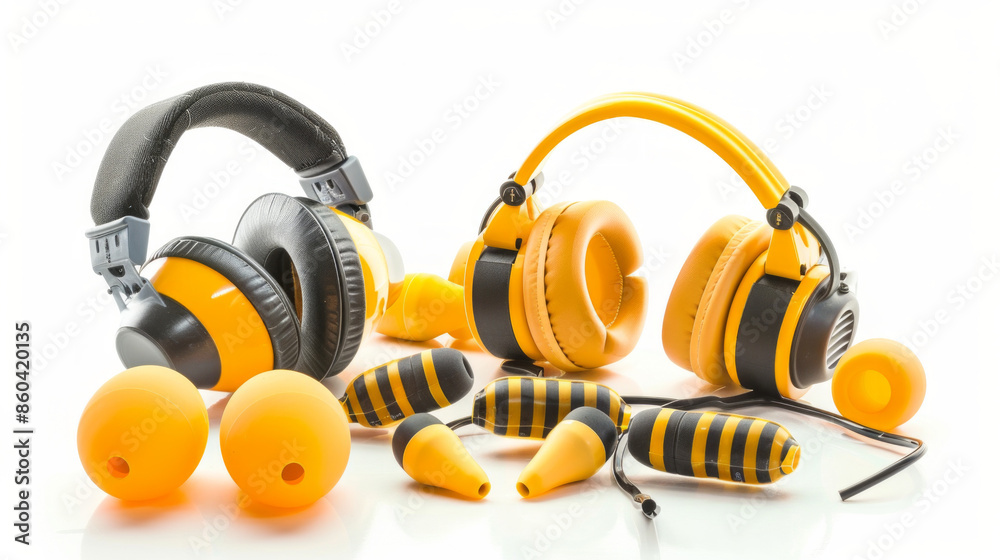 Hearing Protection Equipment: Equipment such as earplugs and earmuffs for protecting against loud noises isolated on white background Hearing Protection Equipment: Equipment such as earplugs and earmuffs for protecting against loud noises isolated on white background