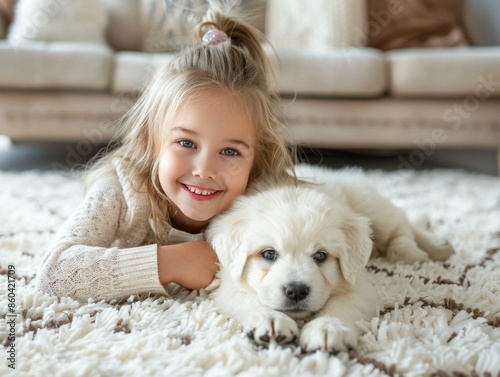 Smiling Girl Lying on Carpet With White Puppy