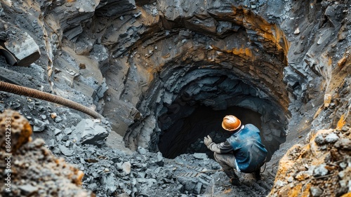 Worker in reflective clothing inspecting deep mine shaft photo