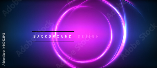 Neon glowing circle rays, light round lines in the dark, planet style neon wave lines. Energetic electric concept design for wallpaper, banner, background