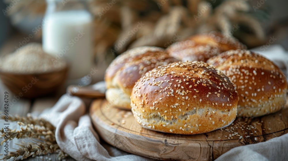 Breakfast with freshly baked round sesame bread and milk Breakfast with freshly baked round sesame bread and milk