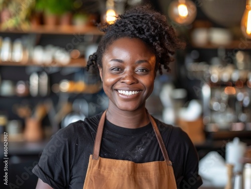 Smiling Black Woman in Stylish Black Shirt and Brown Apron Standing Gracefully photo