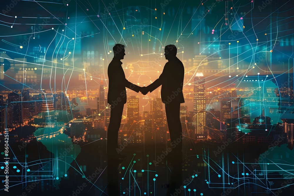 Businessmen shaking hands in silhouette against a digital background with a cityscape and a global network connection Businessmen shaking hands in silhouette against a digital background with a cityscape and a global network connection