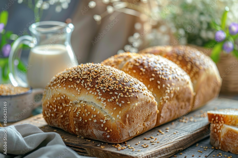 Breakfast with freshly baked round sesame bread and milk Breakfast with freshly baked round sesame bread and milk
