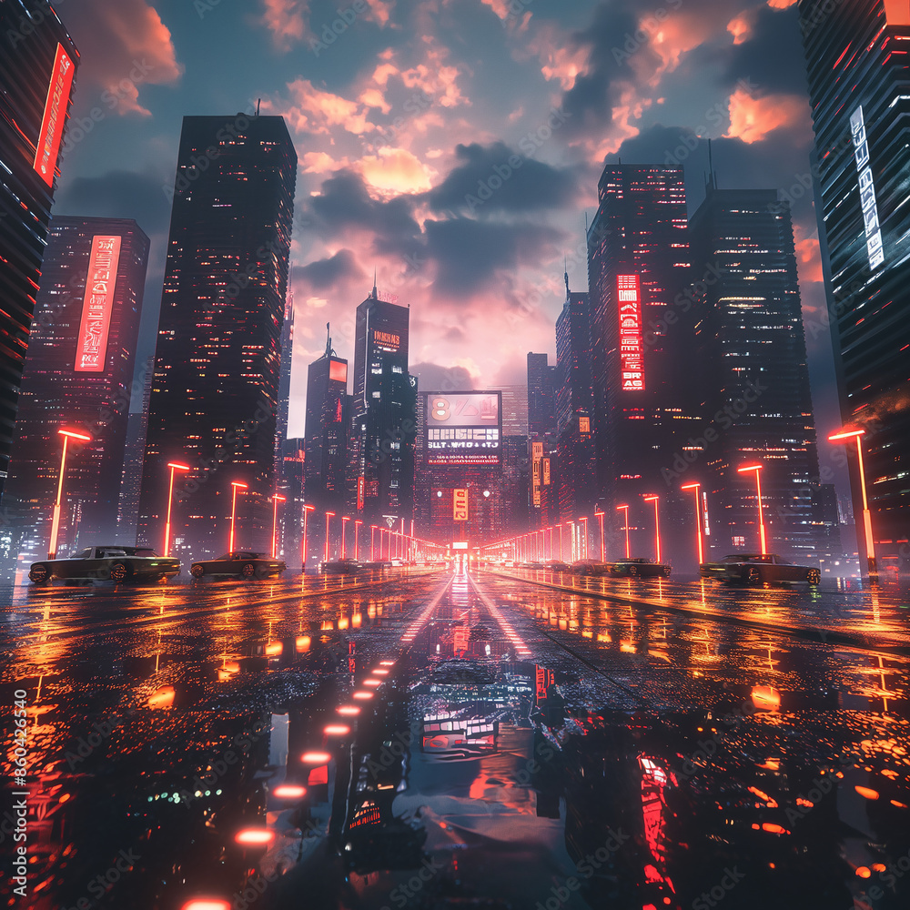 Neon-Lit Futuristic City at Dusk
Neon-Lit Futuristic City at Dusk