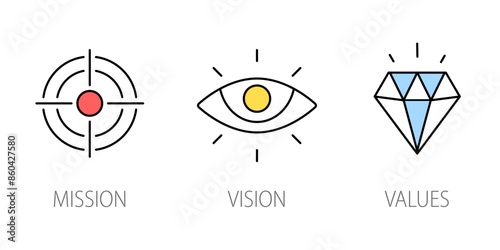 Mission Vision Values of company icon set, Success symbol isolated background, Organization mission flat simple infographics design template. vector illustration.