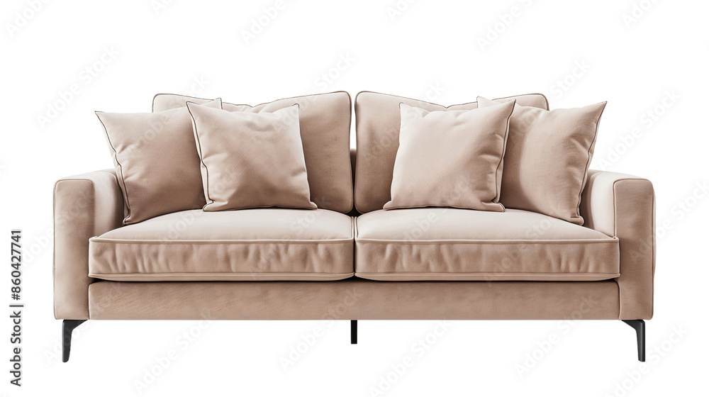 Fototapeta premium Minimalist beige sofa with cozy pillows. Modern living room interior concept, isolated on transparent background