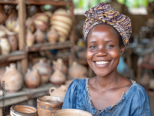 Smiling Young African Woman Holding Handmade Pottery inBeautiful Portrait Photo photo