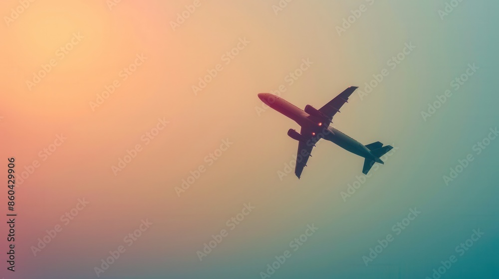 Naklejka premium A sleek silhouette of an airplane in flight against a stunning sunset sky. Perfect for minimalist design and aviation imagery. Generative AI