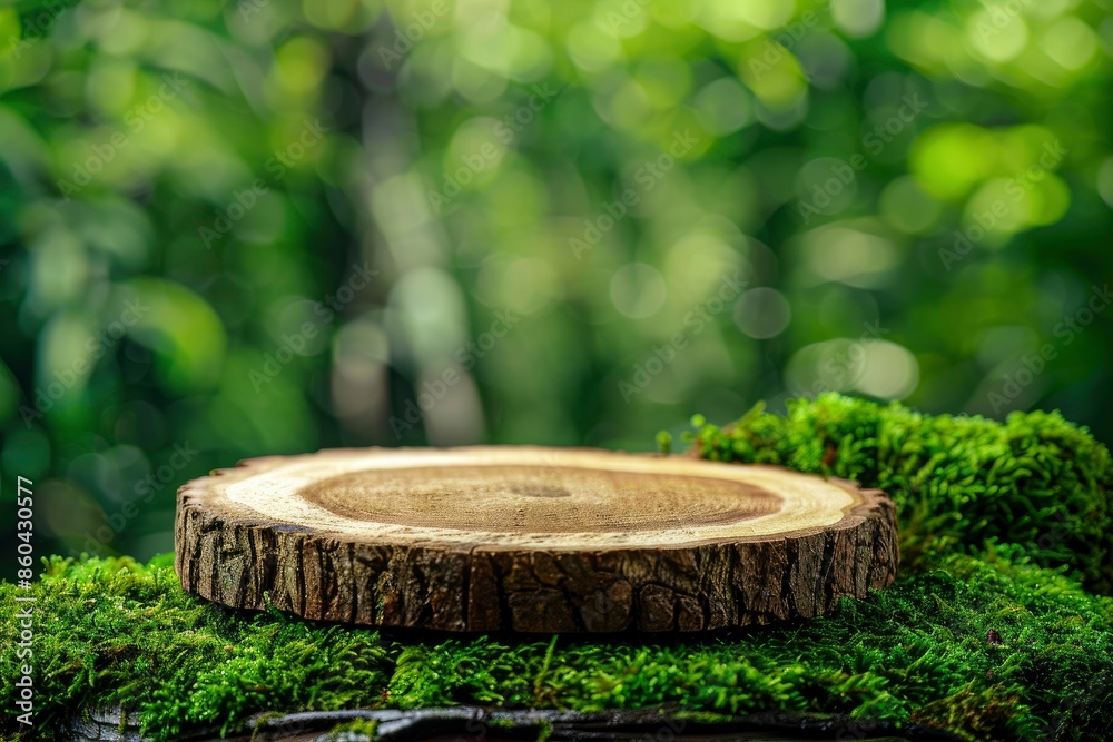 Wooden slice podium on a green moss background. Premium empty scene for product promotion, beauty, natural eco cosmetic. Showcase, display case - generative ai Wooden slice podium on a green moss background. Premium empty scene for product promotion, beauty, natural eco cosmetic. Showcase, display case - generative ai