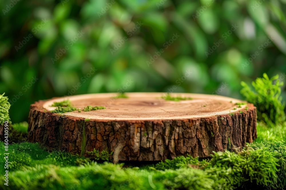 Wooden slice podium on a green moss background. Premium empty scene for product promotion, beauty, natural eco cosmetic. Showcase, display case - generative ai Wooden slice podium on a green moss background. Premium empty scene for product promotion, beauty, natural eco cosmetic. Showcase, display case - generative ai