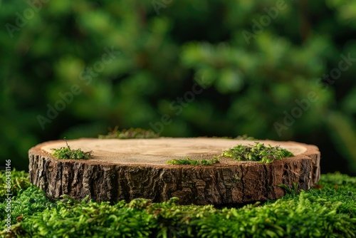 Wooden slice podium on a green moss background. Premium empty scene for product promotion, beauty, natural eco cosmetic. Showcase, display case - generative ai