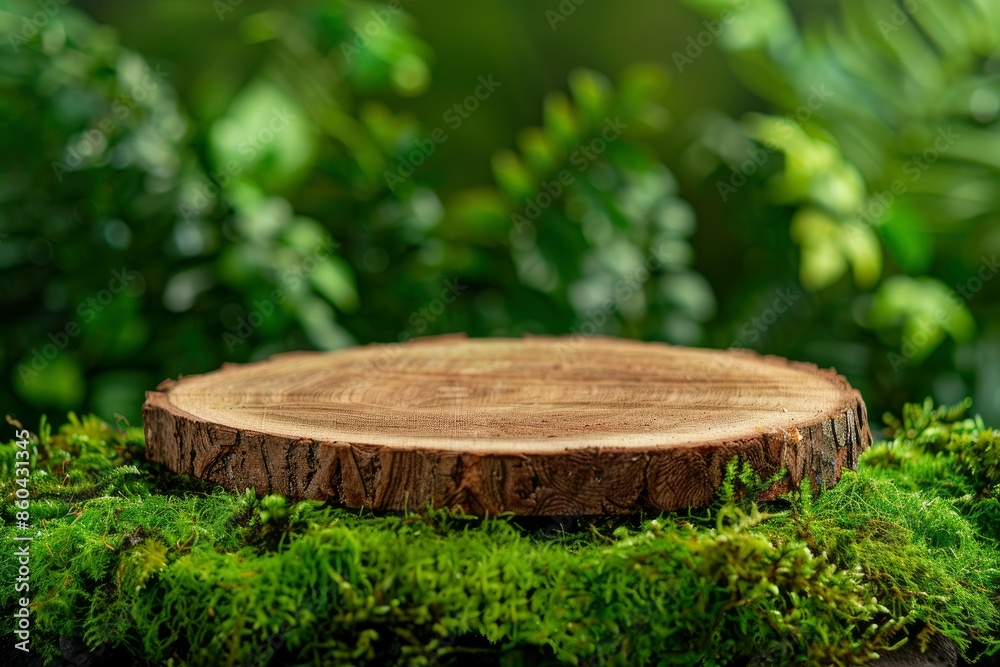 Wooden slice podium on a green moss background. Premium empty scene for product promotion, beauty, natural eco cosmetic. Showcase, display case - generative ai Wooden slice podium on a green moss background. Premium empty scene for product promotion, beauty, natural eco cosmetic. Showcase, display case - generative ai