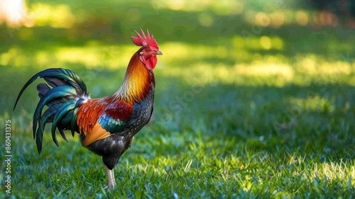 Colorful rooster stands on green grass with trees in background © Artyom