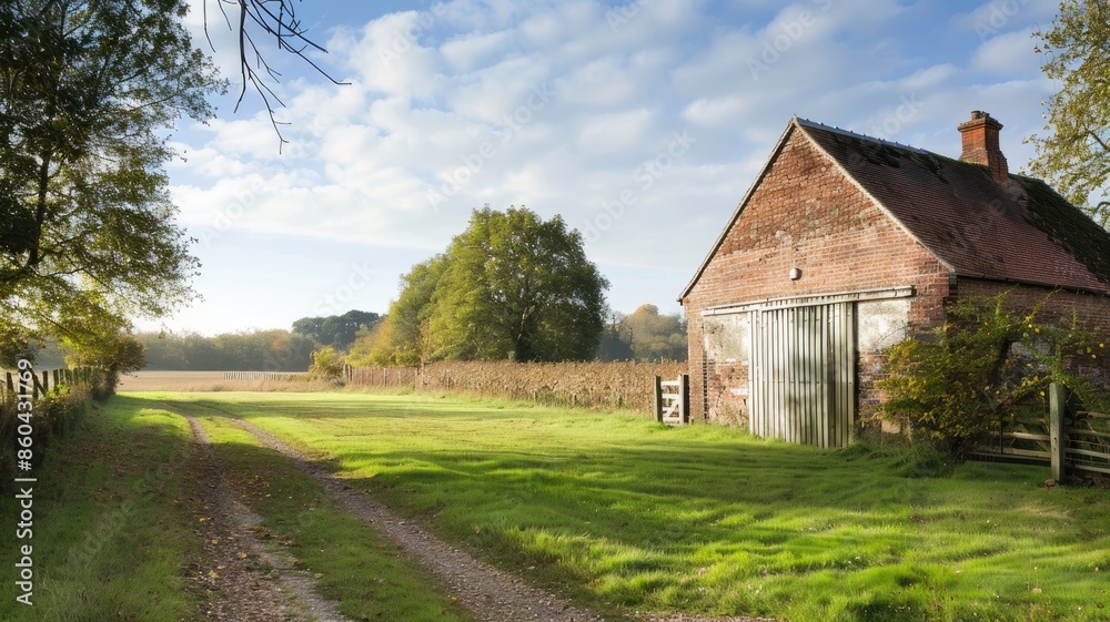 Obraz premium Rustic brick barn with open gate beside grassy path under clear sky
