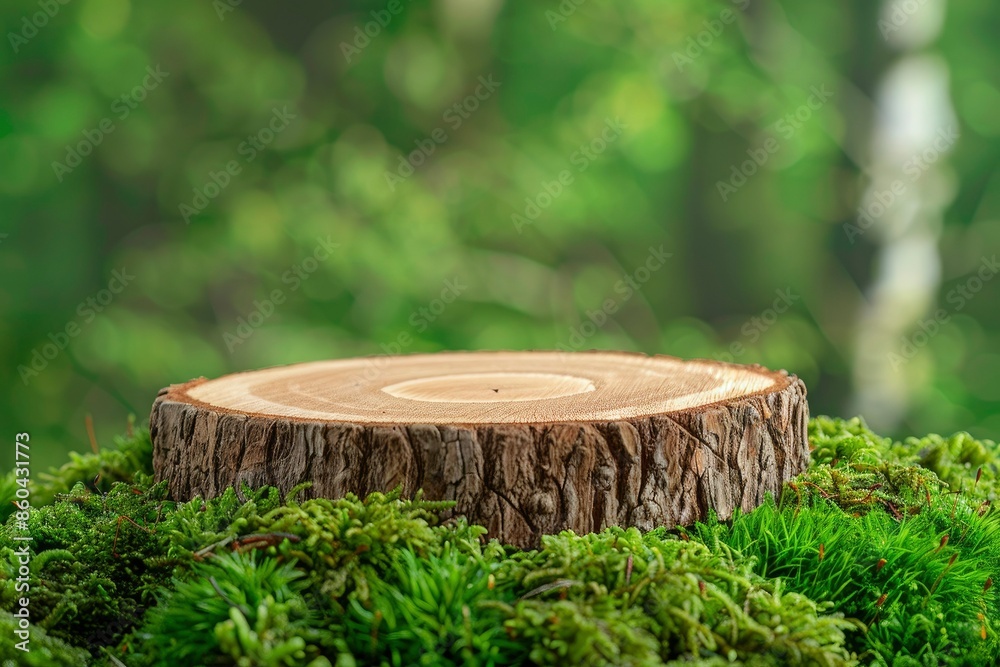 Wooden slice podium on a green moss background. Premium empty scene for product promotion, beauty, natural eco cosmetic. Showcase, display case - generative ai Wooden slice podium on a green moss background. Premium empty scene for product promotion, beauty, natural eco cosmetic. Showcase, display case - generative ai