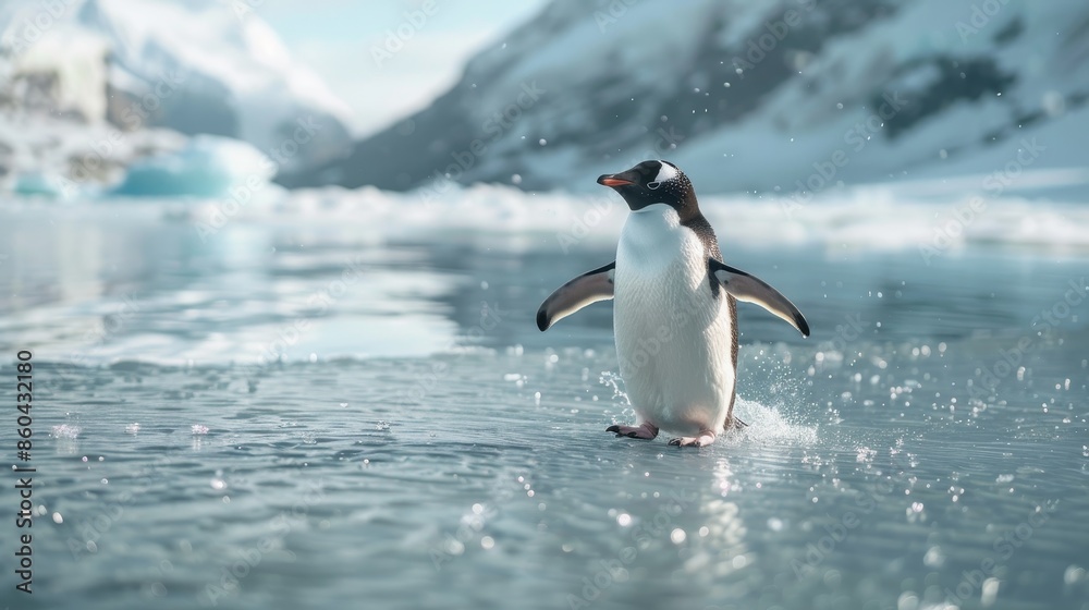 Fototapeta premium A penguin walking on an icy water surface with snowy mountains in the background showcasing nature's beauty and the animal's natural habitat.