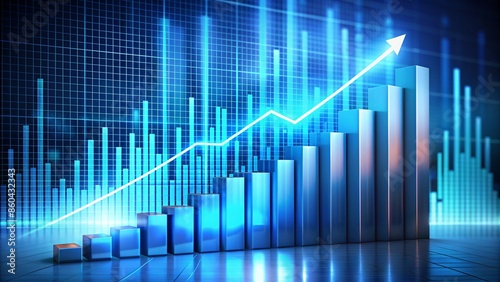 Generative ai. futuristic financial graph, glowing blue bars, rising arrow, digital grid background, data visualization, high-tech economy, neon light, 3D rendering, business growth, modern analytics 