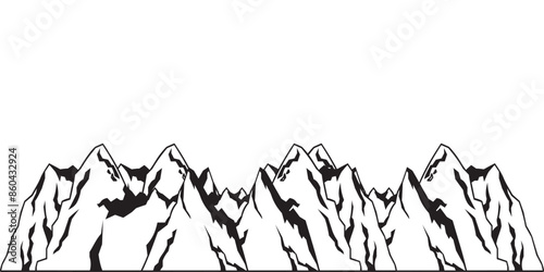 Black Silhouette Of Mountains Peaks Landscape Banner Panorama Illustration Adventure Travel Icon Vector For Logo. Isolated On Transparent Background.