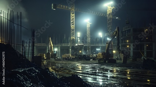 Construction Site at Night - A Powerful Display of Industry