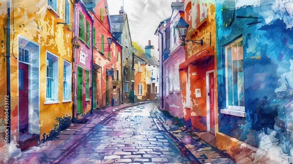 Fototapeta premium picturesque colourful old streets of kinsale cork ireland watercolor painting