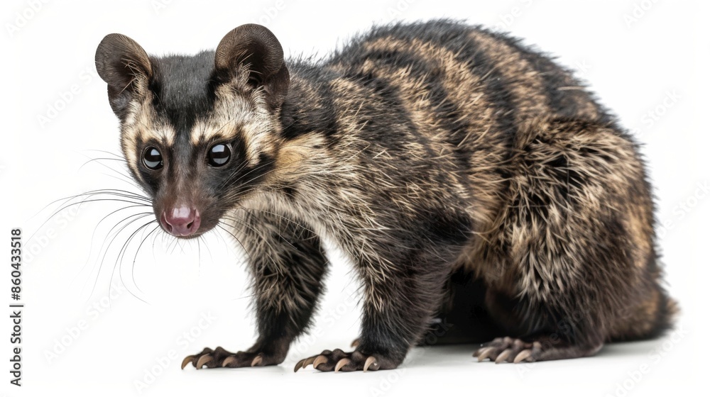 A civet standing on a white background, displaying its striped fur pattern and curious expression, captured in a studio setting for a detailed view. A civet standing on a white background, displaying its striped fur pattern and curious expression, captured in a studio setting for a detailed view.