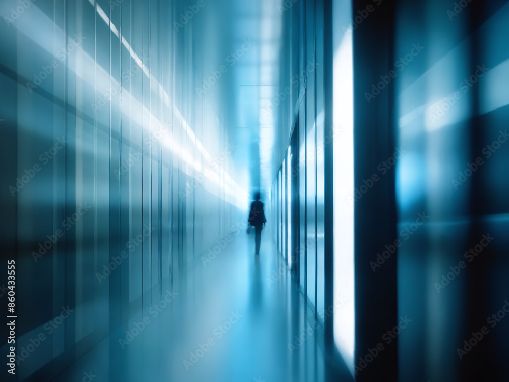 Blurred figures walking through modern office hallway Blurred figures walking through modern office hallway
