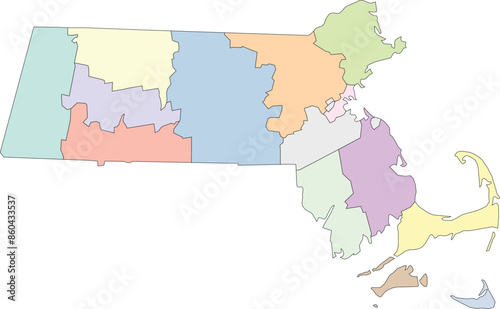 Editable vector image of the counties that make up the state of Massachusetts, located in the United States.