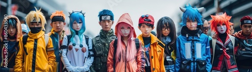 Group of people in vibrant costumes attending a cosplay event, showcasing characters from various anime and manga series in an urban setting.