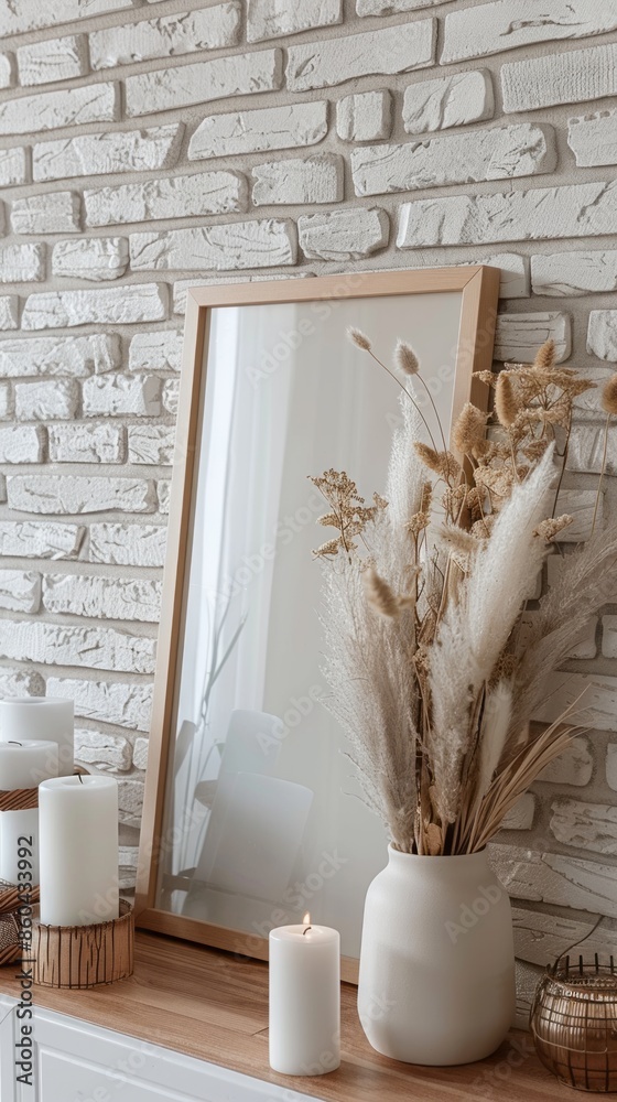 Interior design of living room with mockup photo frame, dried flowers in vase, candles. Brick tiles wall on background. Scandinavian, nordic style. Interior design of living room with mockup photo frame, dried flowers in vase, candles. Brick tiles wall on background. Scandinavian, nordic style.