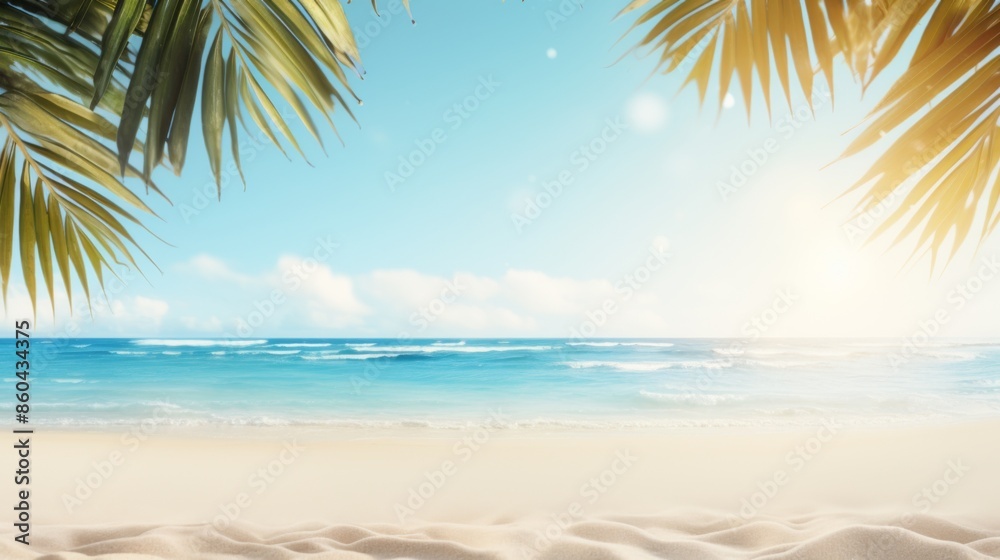 Picturesque beach scene with pristine sand and gentle waves under a clear blue sky, framed by palm leaves, perfect for a relaxing tropical escape. Picturesque beach scene with pristine sand and gentle waves under a clear blue sky, framed by palm leaves, perfect for a relaxing tropical escape.
