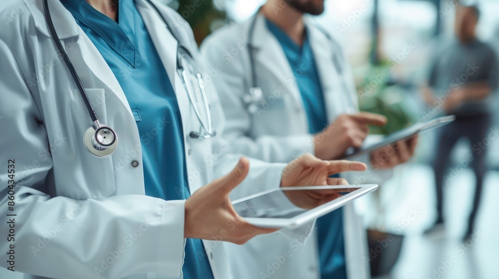 Medical professionals using digital tablets in a hospital setting, discussing patient care and data, wearing lab coats and stethoscopes. Medical professionals using digital tablets in a hospital setting, discussing patient care and data, wearing lab coats and stethoscopes.