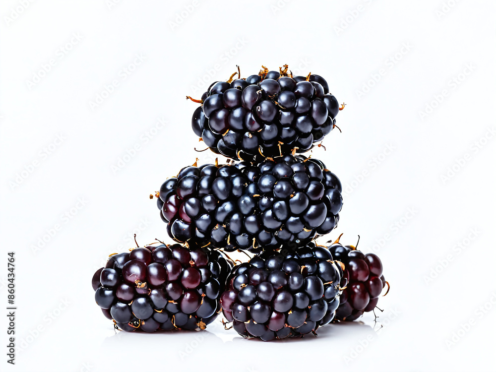 Stacked blackberries with green leaf on white background Stacked blackberries with green leaf on white background