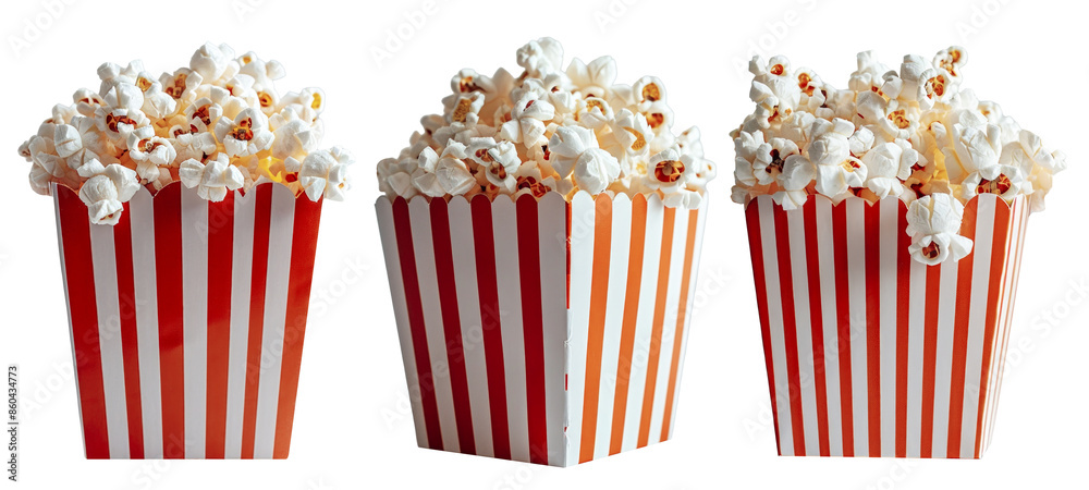 Red white striped paper boxes filled with popcorn, isolated on transparent background. Red white striped paper boxes filled with popcorn, isolated on transparent background.