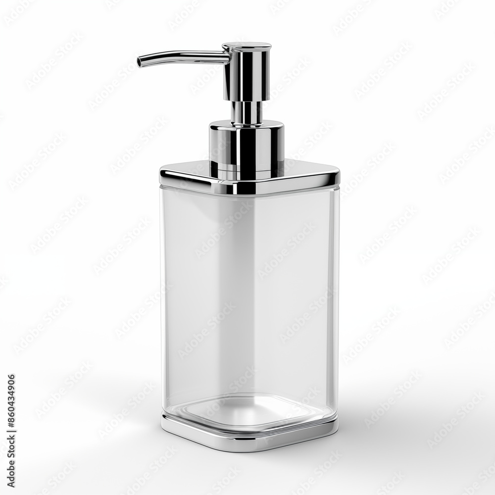 Obraz premium Transparent square plastic soap dispenser bottle with a silver metal pump