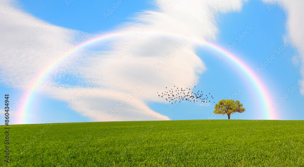 Naklejka premium Beautiful landscape with green grass field and lone tree in the background amazing rainbow