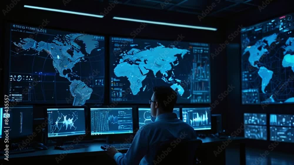 A person is sitting in a dark room in front of several computer screens. The screens are displaying maps and data. A person is sitting in a dark room in front of several computer screens. The screens are displaying maps and data.