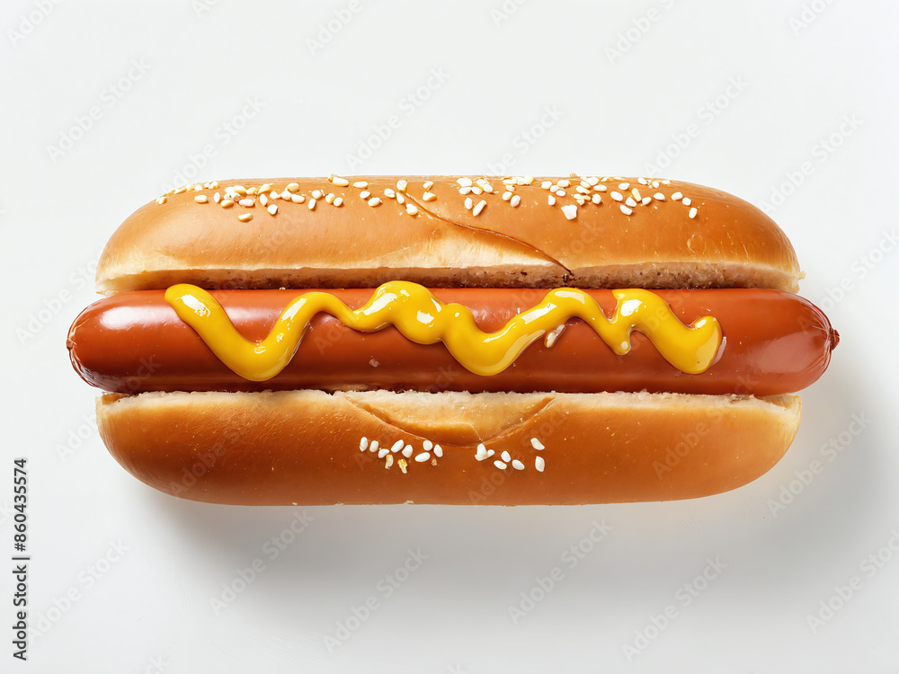 A single hot dog with mustard in a sesame seed bun A single hot dog with mustard in a sesame seed bun