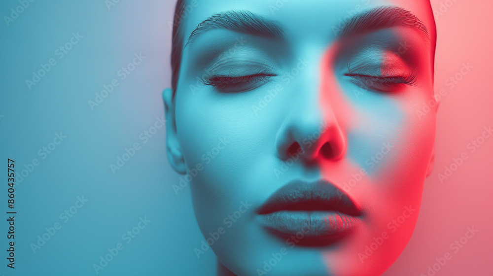 A close-up portrait of a woman's face illuminated by vibrant blue and red light, creating a dramatic and artistic effect. A close-up portrait of a woman's face illuminated by vibrant blue and red light, creating a dramatic and artistic effect.