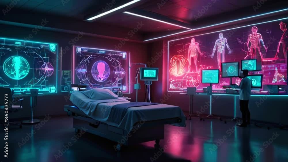 The video shows a futuristic hospital room with a patient bed, medical equipment, and a large screen displaying a patient's vital signs. The video shows a futuristic hospital room with a patient bed, medical equipment, and a large screen displaying a patient's vital signs.